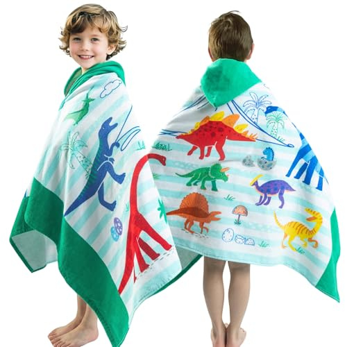 Gealaek 100% Cotton Hooded Towel for Toddlers 5-12 Years Boys Girls 60x30 Extra Large Wearable Wrap Kids Bath Pool Beach Towel Soft Absorbent Beach Poncho(Dinosaur XL)