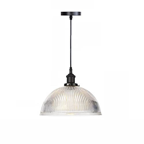 Hanging Farmhouse Ceiling Fixture, Industrial Dome Glass Pendant Light, Metal Accents & Glass Shade Hang Lighting for Kitchen Island, Dining Table, Bedroom & Hallway, E27 Base