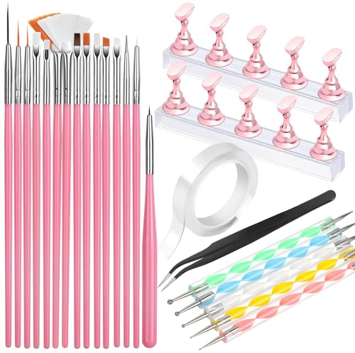 FANDAMEI Nail Art Tools, Nail Brush, 15 PCS Nail Art Brushes, 5 PCS Nail Dotting Tool, Nail Stand, Nail Holder For Painting Nails, Press On Nail Stand, Nail Tools, Nail Design Tools