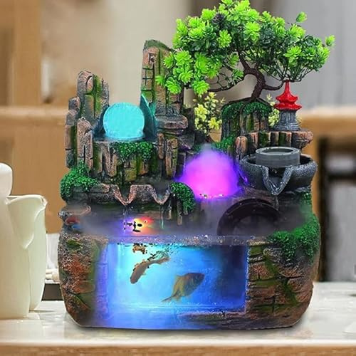 Mehoospvn Fontaine d'intérieur avec éclairage LED - Plante verte - Fontaine de jardin Fengshui - Lampe chinoise