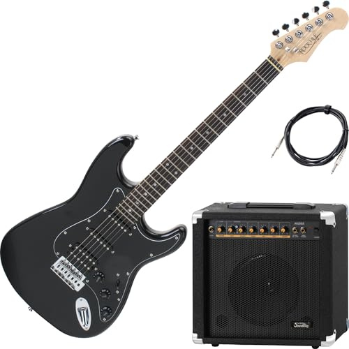 Rocktile Pro ST60-BK E-Gitarre All Black AK20GR Set – Mahagoni-Korpus, Humbucker & Single-Coil Tonabnehmer, inkl. Combo-Verstärker & Kabel – Ideales E-Gitarren-Set für Einsteiger und Fortgeschrittene