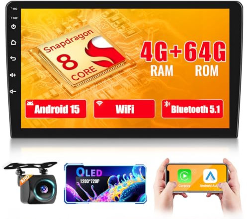 Hikity Qualcomm Snapdragon 8-Core 4+64G Autoradio 2 Din Android 15 with Wireless Carplay Android Auto, 9 Pollici Touchscreen con Modello di Auto 3D WiFi GPS BT FM/RDS DSP SWC Retrocamera MIC