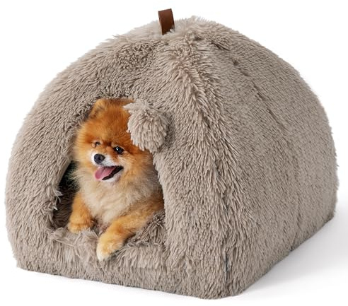 Bedsure Cat Cave Bed Igloo - Fluffy Cat Bed House with Removable Washable Cushion Pillow Foldable Portable Pet Bed, 44x44x44cm，Camel