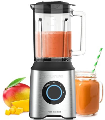 Taurus - Batidora de Vaso 1500W | 2 Velocidades TURBO | Jarra Cristal 2L | Cuchillas 6 Filos | Acero Inoxidable | Base Antideslizante | BPA Free