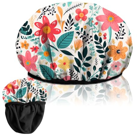 Deokke Duschhaube, wiederverwendbar, dreilagig, elastisch, wasserdicht-Luxus Duschhaube mit Terrystoff-Futter zum Haar trocknen, niedlich für Frauen und Mädchen (F2-rote Blume)