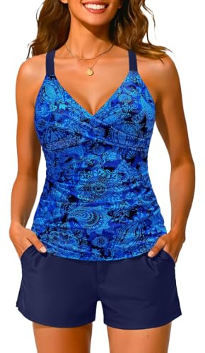Yonique Women Underwire Tankini Swimsuit with Shorts - Two Piece Tummy Control Bathing Suit 2025 Swimwear with Pockets Blue Paisley XXL