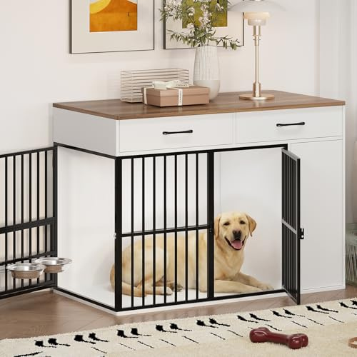 Large Dog Crate Furniture, Heavy Duty Wooden Dog Cage with Double Doors, 2 Drawers, Side Cabinet and 360°Rotating Bowls, Indoor Puppy Dog Kennel Side Table, 120x60x86cm, White Brown