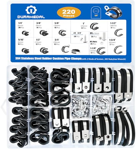 Duramedal 220 PCS 10 Sizes P Clamp Assortment Kit Cable Clamps 304 Stainless Steel Rubber Cushion Pipe Insulated Wire Clamps 1/4 5/16 3/8 1/2 5/8 3/4 1 1-1/4 1-1/2 1-3/4