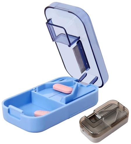 2PCS Small Pill Tablet Cutter, Portable Pill Splitter for Precise Cutting, 2-Piece Set with Storage Compartment, Ideal for Elderly, Children, Pets, and Travel (Grey and Blue)