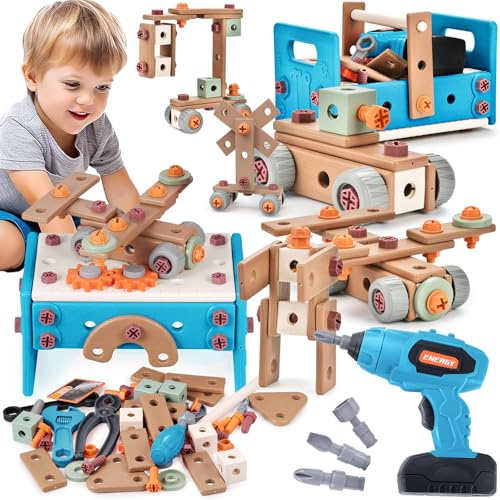 GAGAKU Akkuschrauber Kinder 120-teiliges Werkzeug Werkzeugset Spielzeuge Montessori Kleinkinder Werkzeugkoffer Rollenspiel Bildungsspielzeug Baukit für Jungen und Mädchen ab 3 bis 10 Jahren