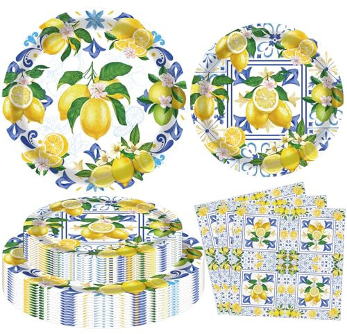 60-pack Capri Lemon festdekorationer, blå citronlime-tema, födelsedagsfesttillbehör, gula citroner tematiska bordsservis-tallrikar, servetter för citrontema födelsedag, bröllopsfest, duschtillbehör