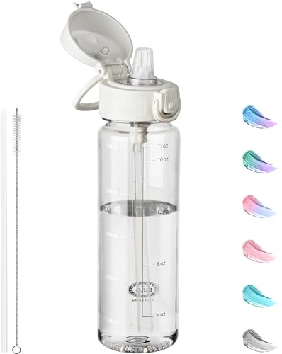 GOPPUS 500ML/17OZ Clear Tritan Water Bottle with Straw Transparent Childrens Drinks Bottle with Carrying Handle See Through Measured Bottles with Flip Top Lid Leakproof Adults Water Bottles BPA Free