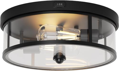 E27 Deckenleuchte mit Bewegungsmelder Retro Deckenlampe 2 Flammig Flurlampe Schwarz Industrial Deckenbeleuchtung Klares Glas Innen Beleuchtung für Veranda Flur Balkon Esszimmer (Ohne Glühbirne)
