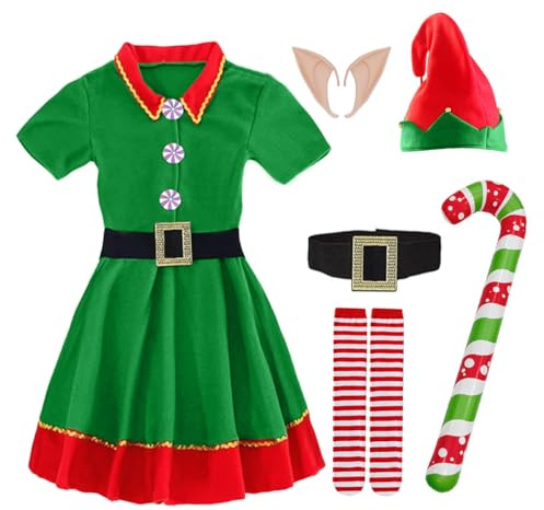 GTJEOI Wichtel Kostüm Kinder, Weihnachtself Kostüm Kinder, Elfen Kostüm Kinder, Elfenkostüm Kinders mit Kleid Hüte Socken Gürtel Elfenohren Zuckerstange, Elf Verkleidung Kinder für Karneval, Cosplay