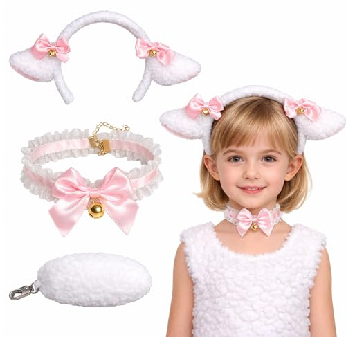 Tier Lamm Kostüm Set, Lammohren, Schwanz und Schlips mit Bogenknoten Set, Lammstirnband und Lammschwanz, Schaf Kostüm für Tierkostüm Cosplay Geburtstagsparty Zubehör Halloween Karneval Partyzubehör