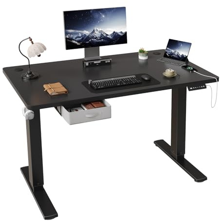 JUMMICO Höhenverstellbarer Elektrischer Stehtisch 140 x 80 cm mit Schublade und Haken – Höhenverstellbarer Sitz-Steh-Tisch mit Stabilem Stahlrahmen, Breiter Stehtisch für das Homeoffice, Schwarz