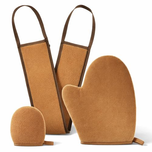 PEOVLVN 3 Pcs Self Tanner Mitt Applicator Kit Includes Self Tanning Mitt Mini Face Tanner Mitt and Self Tan Back Applicator Reusable & Washable Tanning Glove for Back Legs & Full Body Application