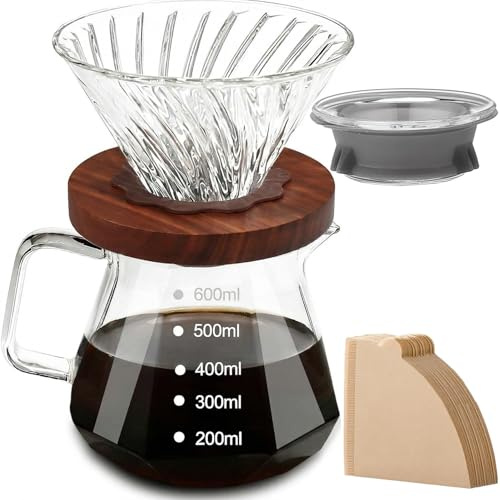 Cnwinu Pour Over kaffebryggare, 600 ml borosilikatglaskaraff med 100 stycken pappersfilter, kaffekanna med filter, valnötskrage och glaslock, kaffefilterbryggare för kaffeälskare, transparent