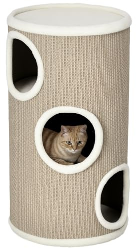 PawHut Tonneau à Gratter pour Chat 3 Niveaux, Ø 38 x 70 cm, Marron | Tour à Griffer en Sisal, Arbre à Chat, Recouvert de Peluche