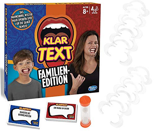 Hasbro Gaming Klartext Familien-Edition, Partyspiel mit Lachgarantie, mit 6 Mundstücken für Kinder und 4 Mundstücken für Erwachsene, für die ganze Familie