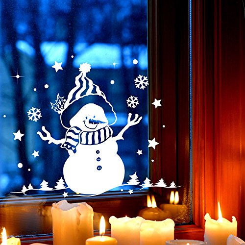 Fensterbild Schneemann & Bäume Fensterbilder Fensterdeko Winterlandschaft 40x31cm + Sterne & Schneeflocken selbstklebend für Kinder M2257 ilka parey wandtattoo-welt®