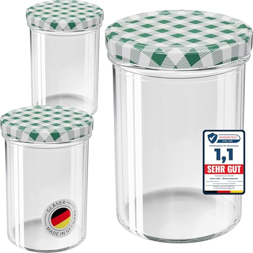 WELLGRO 100x Einmachgläser mit Schraubdeckel - 435 ml, 8,5 x 12 cm (ØxH), Glas/Metall, grün karierte Deckel To 82, Gläser Made in Germany
