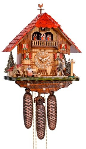 Cuco Clock Kuckucksuhr Schwarzwalduhr 'Wanderlust' 20 x 34 x 42cm Wanduhr aus Holz, 8 - Tage Werk, automatische Nachtabschaltung