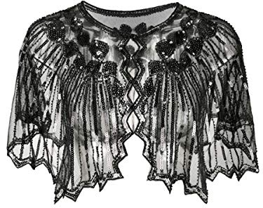 1920s black shawl gatsby bolero sequin cape shrug wrap for women ladies flapper art deco vintage dress costume (Black, One Size)