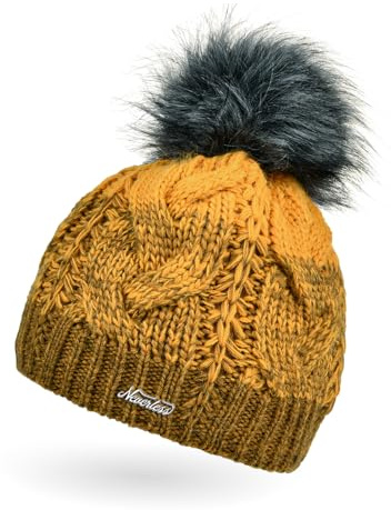 Neverless® Damen Strick-Mütze gefüttert Fleece-Innenfutter Fell-Bommel Kunstfell Winter-Mütze Bommelmütze Zopfmuster Mehrfarbig