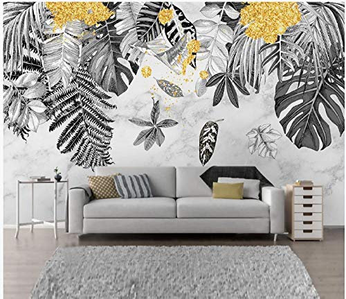 Papier Peint Panoramique Intissé Murales 3D Tapisserie 320x230cm Feuilles tropicales gris or jaune Poster Photo Décoration Murale