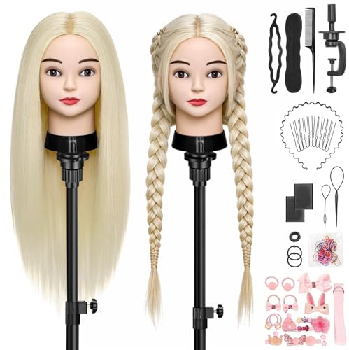 TwoWin Övningshuvud för frisörer: 61 cm (24 tum), 80 % äkta hår, modelldocka, kosmetologi, dockhuvud, skyltdocka, hårstyling med klämstativ och tillbehör, blond, lämplig för uträtning, lockning och permanent.