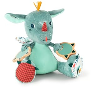 LILLIPUTIENS - Sonaglio attività Joe Il Drago - Peluche interattiva per Neonati con Specchio, sonaglio e Carta Frusciante - Stimola i Sensi, la motricità e l’immaginazione - Giocattolo educativo