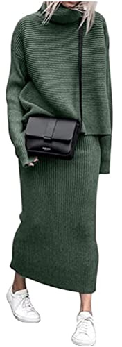 Minetom Damen Strickkleid Zweiteiliger Anzug Pullover Oberteil und Midi Strickrock Bodycon 2 Stück Set Winter Strick Kleid Pulloverkleid