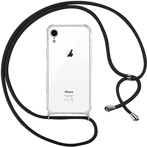 Pnakqil Handykette für iPhone XR Hülle mit Band, Transparent Weich Silikon Case mit Kordel Necklace, Durchsichtig Anti-Fall Schutzhülle für iPhone XR mit Lanyard, Schwarz