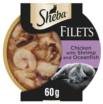 Cibo gatti adulti SHEBA Filets Pollo, Pesce Oceano, Gamberetti salsa, 32 Vaschette da 60g