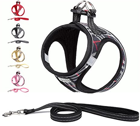 Suredoo Hundegeschirr Kleine Hunde mit Leine, Anti Zug Geschirr Reflektierend Atmungsaktiv Brustgeschirr, Welpengeschirr für Kleine Hunde (Schwarz Kariert, L, Brust: 40-45cm)