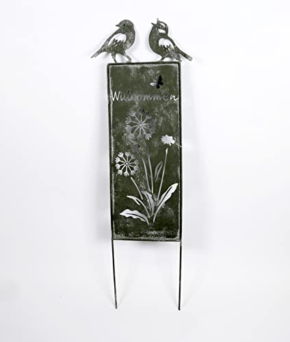 Gartenstecker Schild Willkommen Metall Vögel grau H 41 x B 12 x L 0.4 cm