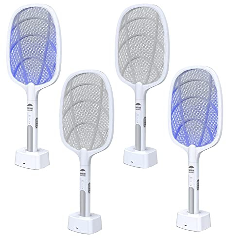2 in 1 Electric Bug Zapper, Mosquitoes Trap Lamp & Racket, USB Rechargeable Electric Fly Swatter for Home and Outdoor Powerful Grid 3-Layer Safety Mesh Safe to Touch, Pack of 4
