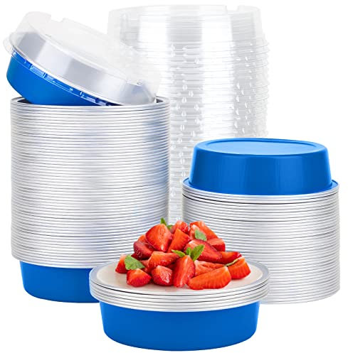 Beasea Mini moldes para tartas con tapas, paquete de 100 latas de aluminio desechables de 4 pulgadas y 8 onzas, color azul océano, recipiente redondo pequeño para tartas individuales para postres,