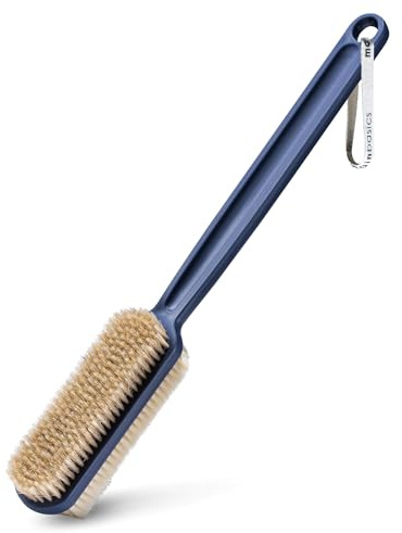MainBasics Back Scrubber for Shower, Long Handle Body Brush with Dual-Sided Exfoliating and Soft Bristles, 15.75 Inch (Blue)