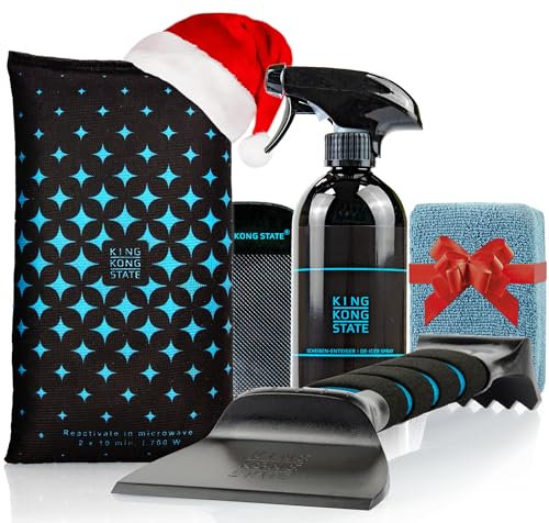 King Kong State Winter-Set für Autos - Geschenk-Set aus Luftentfeuchter-Kissen, Eiskratzer, Scheiben-Enteiserspray und Mikrofaser-Schwamm