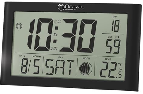 Miraval LCD Tisch-Funk-Uhr: digital, mit Datums- und Temperaturanzeige, geräuschlos, Countdown-Timer, Alarm, Snooze, 7 Sprachen einstellbar