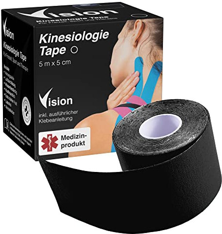 Vision Kinesiologie Tape Schwarz – 5 cm x 5 m – Kinesio Tape mit extra starkem Halt – Super hautverträgliche Kinesio Tapes – Tape Kinesio – Atmungsaktives und wasserfestes Physio Tape