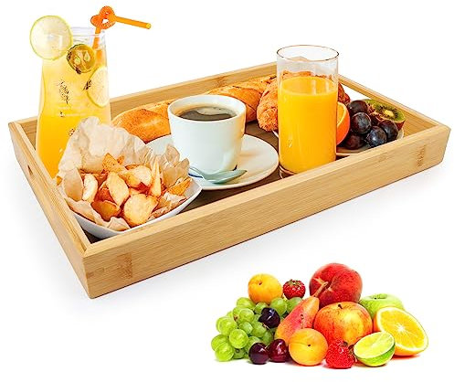 MXTIMWAN Bandeja de Madera, Bandeja Bambú para Servir con Asas, Bandejas para Servir Comida, Bandeja Rectangular Cocina, Bandejas Decorativas para Desayuno, Bebidas, Aperitivos, Decoración del Hogar