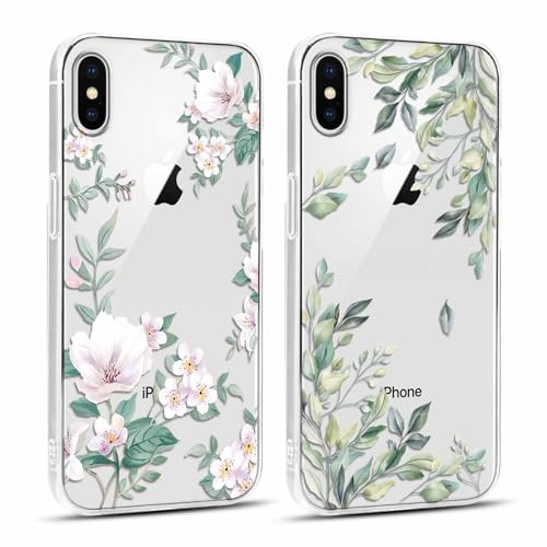 Yoedge 2 pièces Transparente Coque pour iPhone X/iPhone XS 5,8 Motif de Fleurs et Feuilles Fille Femme Étui, Housse de Antichoc TPU Mignon Aesthetic Design Case Cover pour iPhone X/iPhone XS