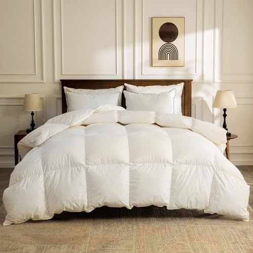 BPC Feather Down Comforter King Size, Hotel-Luxury Fluffy Duvet Insert with Organic Cotton Cover and Puffy Feather Down Filling for All-Season, Ivory White, 106x90 Inches