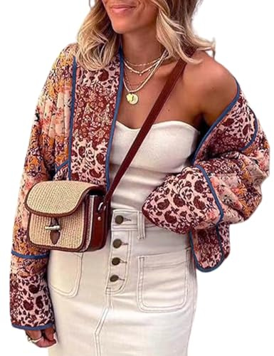 Omoone Women's Cropped Floral Reversible Quilted Jacket Cardigan Printed Lightweight Open Front Padded Puffer Coat(3950-01Brown-M)