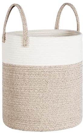 Univivi New Laundry Basket, 40L Foldable Blanket Baskets, Woven Storage Baskets with Sturdy Handle, Large Toy Storage Basket for Kids Baby, Nursery Decor Rope Basket, Khaki+White (35x40cm)