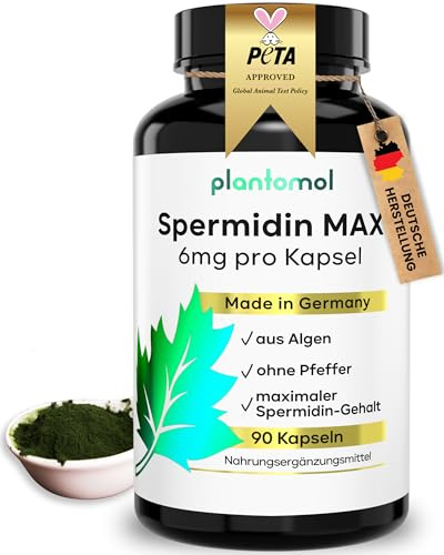 Spermidin Kapseln hochdosiert ohne Pfeffer - 3 Monatsvorrat - plantomol® | Spermidin hochdosiert - Spermidin 6mg pro Kapsel - Spermidine Gehalt durch externes Labor bestätigt