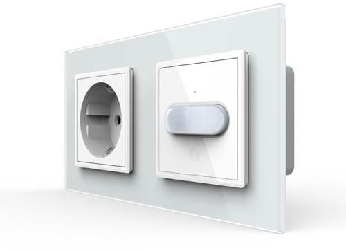 Livolo Steckdose und PIR Bewegungsmelder Sensor mit Touchschalter EIN/Aus automatische Lichtsteuerung bei Bewegung Unterputz Wandmontage Schuko Buchse EU Stecker 2-Fach Glasrahmen